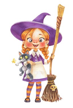 Beyaz bir arka planda kedisi ve süpürgesi olan sevimli bir çizgi roman küçük cadı kız.
