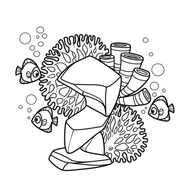 Mercanlar ve deniz süngerleri balık nesneleri ile çevrili kayaların üzerinde büyür. Beyaz arka planda izole edilmiş doğrusal çizim kitabı.
