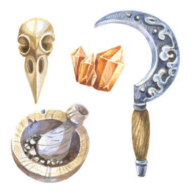 Kristaller, gümüş orak, kuzgun kafatası, havan cadısı büyülü suluboya envanteri beyaz arka planda izole edilmiş.