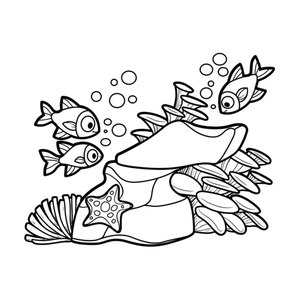 海葵生长在石质物体上 鱼在白色背景上把书画成直线 — 图库矢量图片