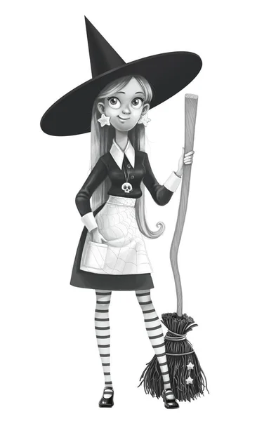 Tall Slender Cartoon Witch Broom Her Hand Black White Drawing — Stock Photo, Image