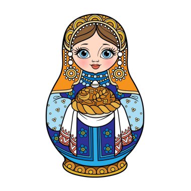 Beyaz arka planda izole edilmiş renklendirme sayfası için tuz mavisi ve turuncu renkli somun ekmekli geleneksel Rus yuva bebeği Matrioshka