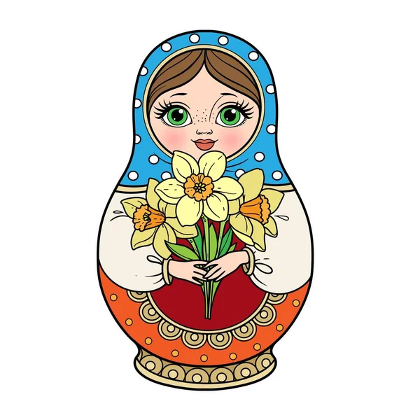 Russian Traditional Nest Doll Matrioshka Bouquet Daffodils Hand Blue Red — Stock Vector