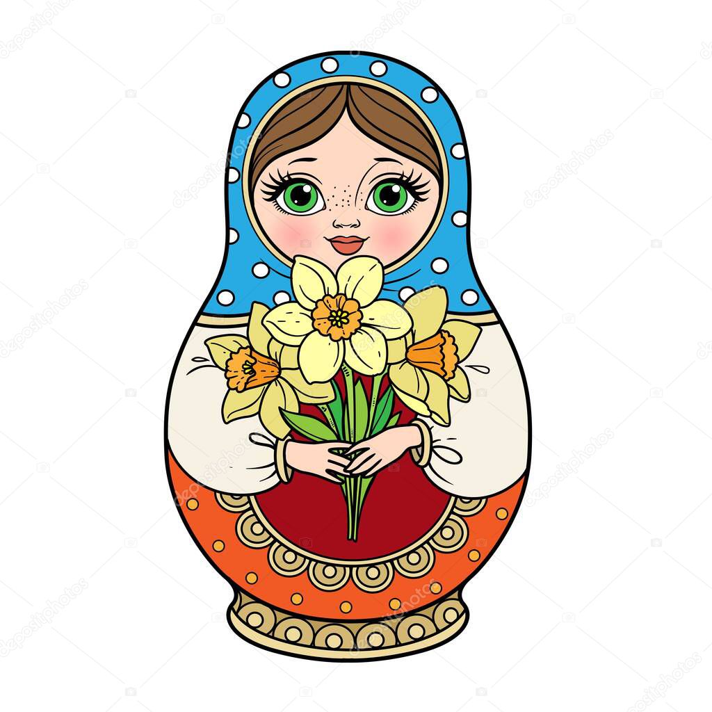 Russian traditional nest doll Matrioshka with a bouquet of daffodils in hand blue and red color variation for coloring page isolated on white background