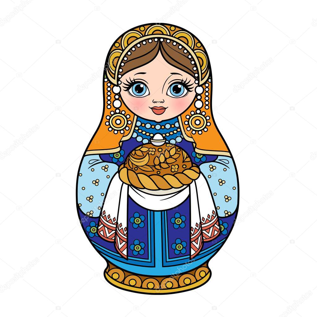 Russian traditional nest doll Matrioshka with loaf with salt blue and orange color variation for coloring page isolated on white background