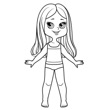 Cute cartoon girl dressed in underwear and barefoot with long straight hair outline for coloring on a white background