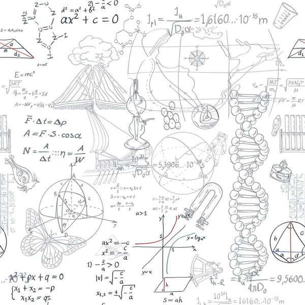 Naadloos Patroon Van Formules Doodles Schoolobjecten Witte Achtergrond — Stockvector