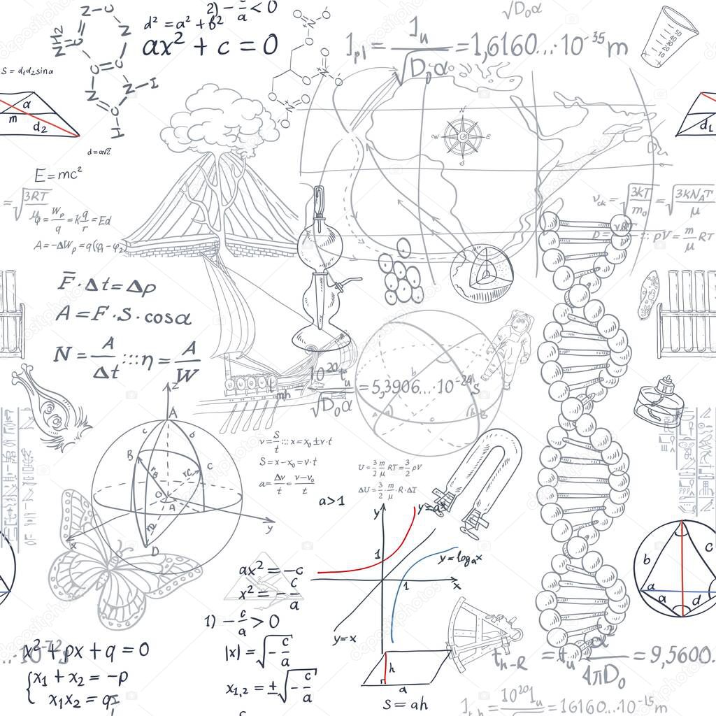 Seamless pattern of the formulas and doodles school objects on white background