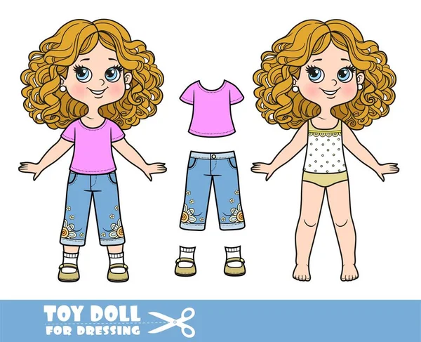 服や服を個別にカールの髪を持つ漫画の女の子 Tシャツ ブレースやサンダル人形ドレス — ストックベクタ