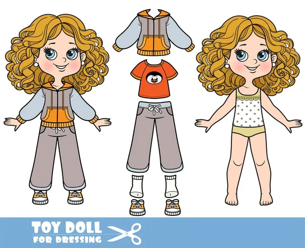 服や服を別々にカール髪を持つ漫画の女の子 ドレスのためのペンギン スウェットパンツやスニーカー人形とTシャツ — ストックベクタ