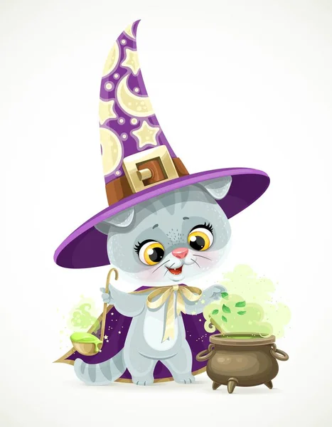 Cute Cartoon Baby Cat Wizard Hat Cloak Brews Magic Potion — Stock Vector