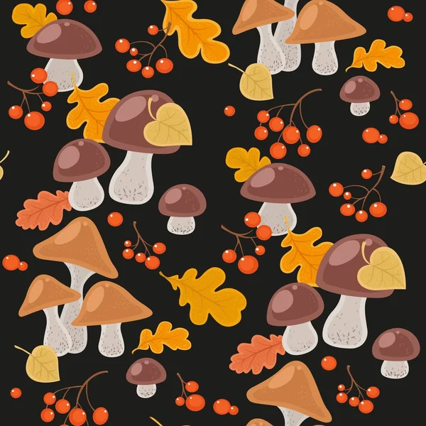 Seamless Pattern Autumn Leaves Mushrooms Red Berries Black Background — Stock Vector