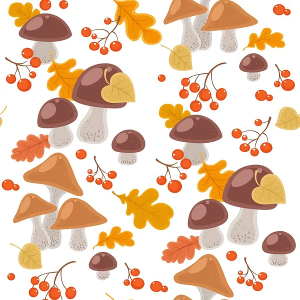 秋の葉やキノコ 白い背景の赤い果実からのシームレスなパターン — ストックベクタ