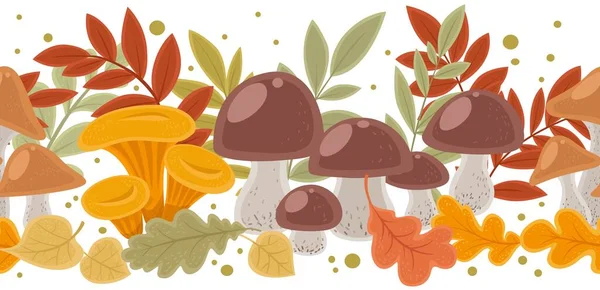 Horizontal Seamless Pattern Autumn Leaves Mushrooms White Background — Stock Vector
