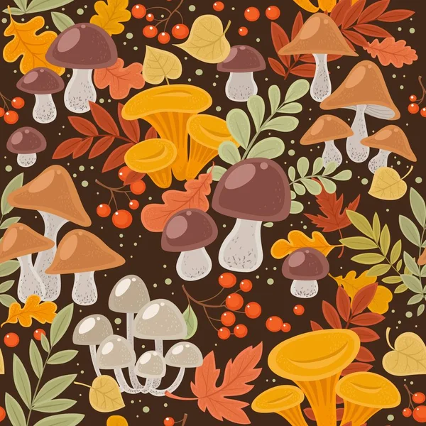 Seamless Pattern Autumn Leaves Mushrooms Red Berries Dark Background — Stock Vector