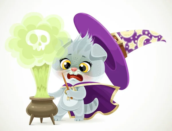 Cute Cartoon Gray Kitten Dressed Wizard Scared Explosion Potion Cauldron — Stock Vector
