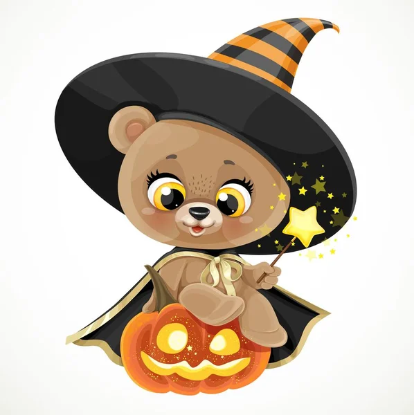 Lindo Osito Peluche Una Capa Negra Sentado Una Calabaza Halloween — Vector de stock