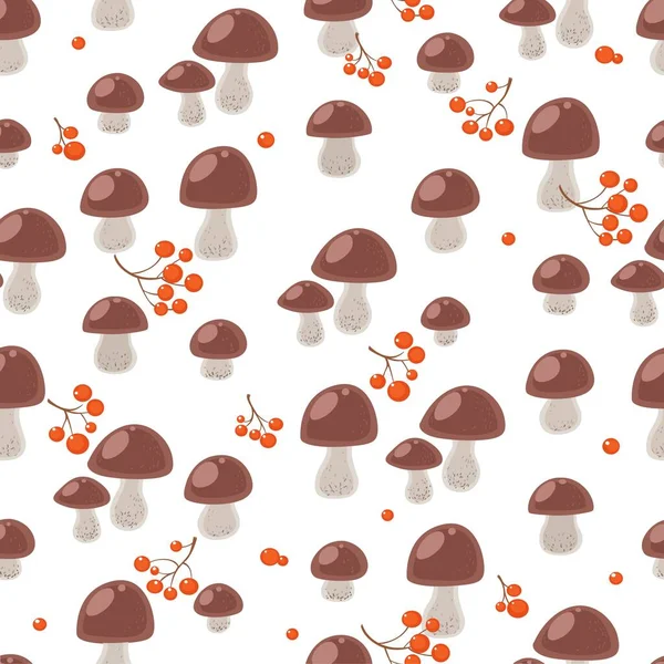 Seamless Pattern Mushrooms Red Berries White Background — Stock Vector