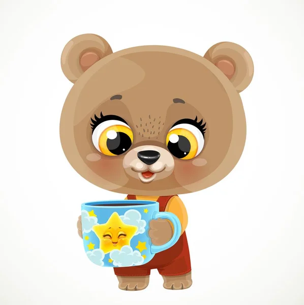 Urso Bonito Bebê Dos Desenhos Animados Com Uma Xícara Azul —  Vetores de Stock