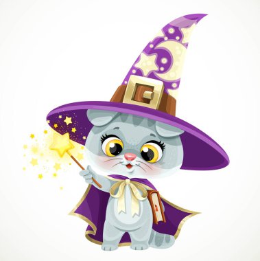 Büyücünün şapkasındaki sevimli yavru kedi. Ders kitabı ve sihirli değnek beyaz arka planda izole edilmiş pençelerde. 