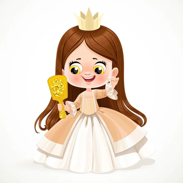 漂亮的小公主 一头乌黑的长发 身穿桃色衣服 在一面白色背景的镜子前试戴耳环 — 图库矢量图片