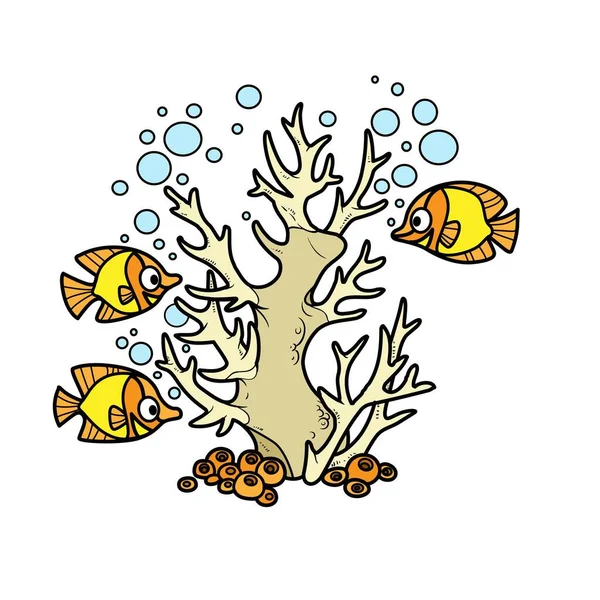 珊瑚生长在一块高大的石头上 鱼的颜色也有变化 以便在白色的背景上隔离 — 图库矢量图片