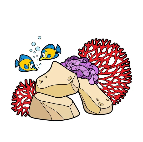 在被鱼包围的石头上生长的海葵和珊瑚物体颜色变化 用于在白色背景上隔离的着色页 — 图库矢量图片