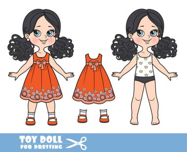 Cartoon girl with black ponytails hairstyle dressed and clothes separately - red dress and sandals doll for dressing vector