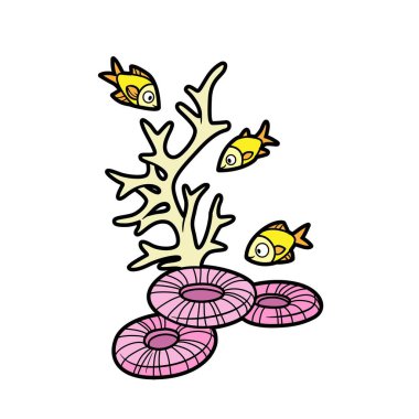 Süngerlerle çevrili uzun mercan ve beyaz arkaplanda izole edilmiş renklendirme sayfası için balık rengi varyasyonu