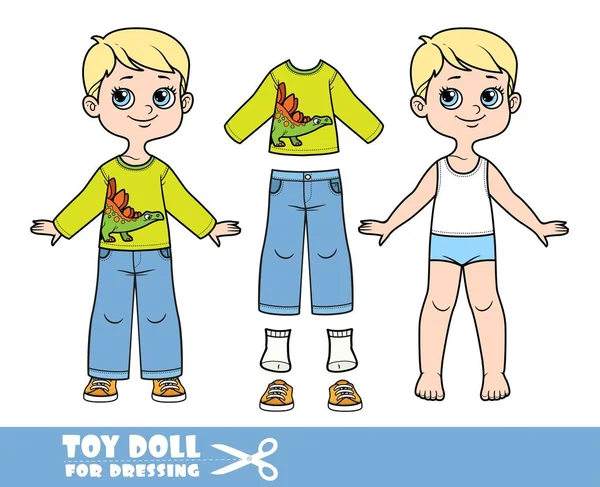 Chłopiec Kreskówki Blond Włosami Ubrany Ubrania Oddzielnie Druk Dinozaurów Koszulka — Wektor stockowy