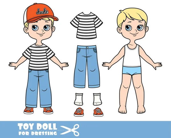 Cartoon Jongen Met Blond Haar Gekleed Kleding Apart Cap Met — Stockvector