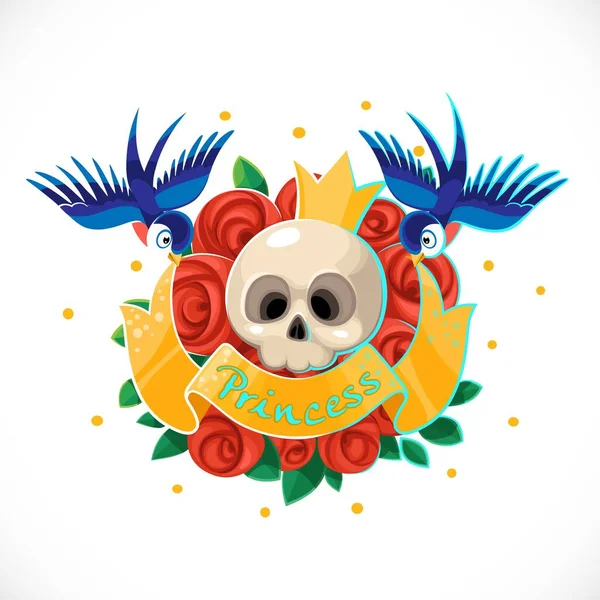 Princesa Emblema Cráneo Corona Rodeada Rosas Las Golondrinas Sostienen Cinta — Vector de stock