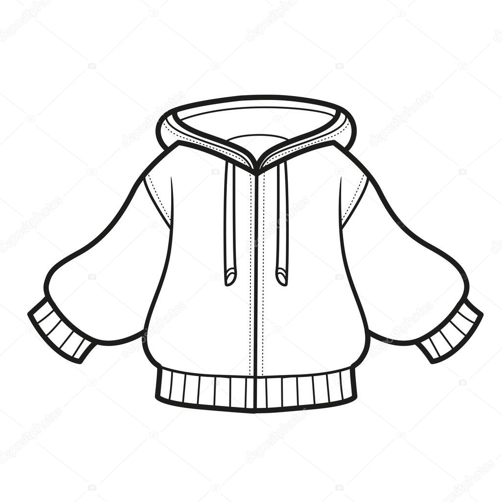Zipped jersey sport jacket outline for coloring on a white background