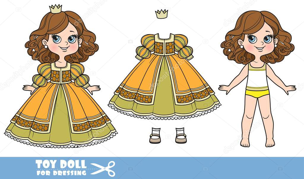 Cartoon girl with lush curly chestnut hairstyle dressed and clothes separately - princess ball dress, sandals doll for dressing