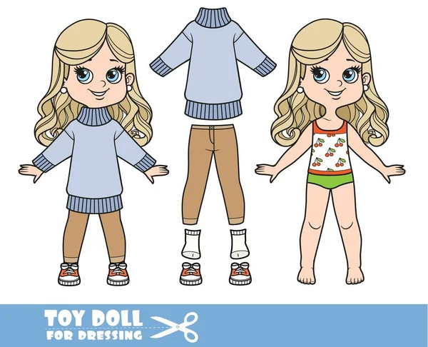 下着で長いブロンドの髪の漫画の女の子 服や服を別々に 大きな暖かいセーター タイトパンツ スニーカー人形ドレス — ストックベクタ