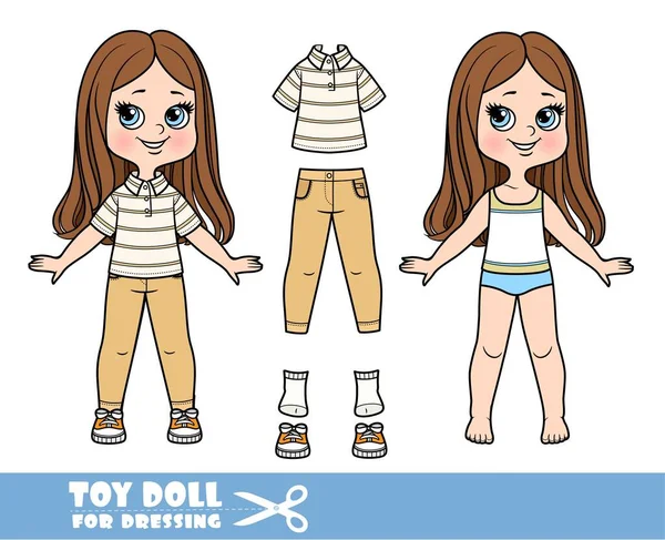 Cartoon Dívka Rovnými Vlasy Oblečená Oblečení Odděleně Pruhované Tričko Béžové — Stockový vektor