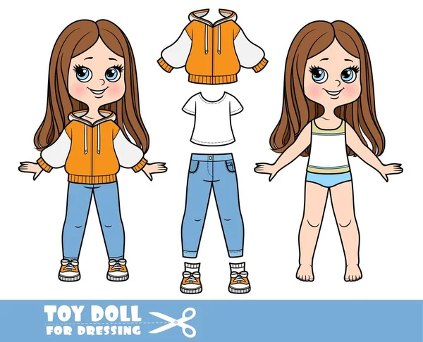 ストレートの髪と服を別々に漫画の女の子 スポーツジャケット Tシャツ ジーンズ ドレッシングのためのスニーカー人形 — ストックベクタ