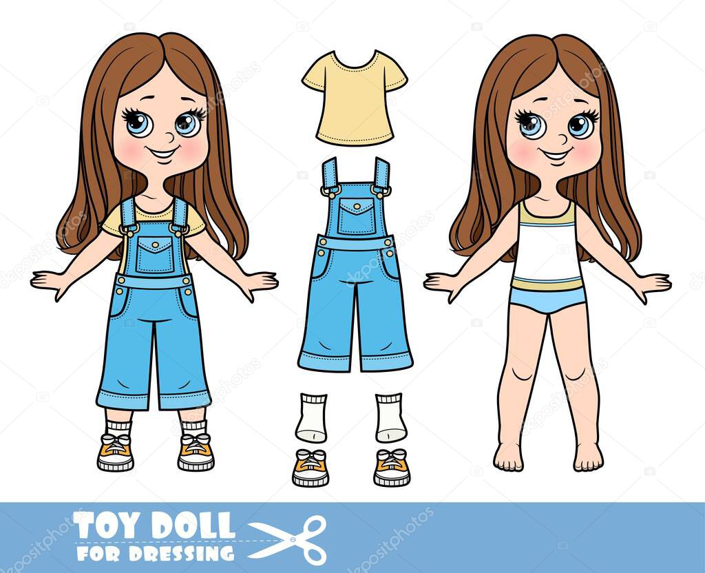 Cartoon girl with straight hair dressed and clothes separately - beige t-shirt,denim jumpsuit with pocket, sneakers  doll for dressing