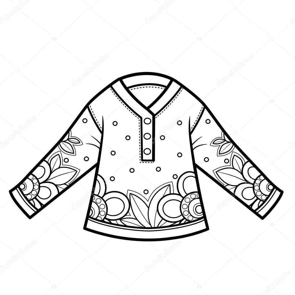 Casual long sleeves embroidered tunic for girls outline for coloring on white background