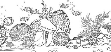 Deniz tabanından yatay olmayan arka plan ve sakinleri anemonlar, balıklar ve mercanlar renklendirme sayfası için doğrusal çizimler yapıyorlar.