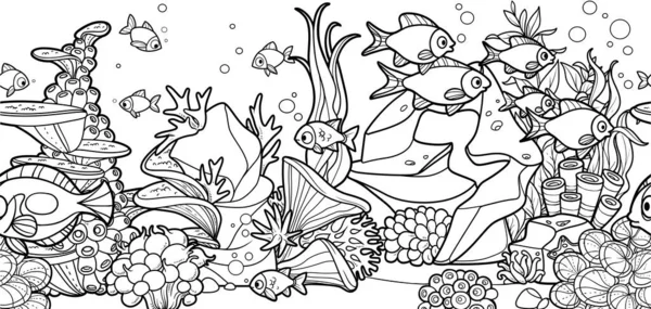 Deniz yatağı ve deniz şakayıklarından, deniz yosunlarından, balıklardan ve mercanlardan renklendirme sayfası için taşlar üzerine doğrusal çizim yaparak yatay olmayan arka plan