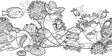 Deniz tabanından yatay olmayan arka plan ve sakinleri kayalar, şakayıklar, renklendirme sayfası için doğrusal çizimler yapıyorlar.