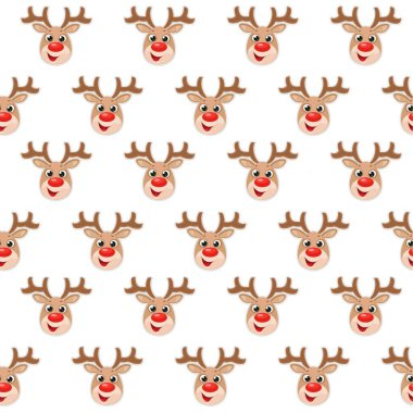 Beyaz arka planda kırmızı burunlu bir karikatür Yeni Yıl geyiği kafasından kusursuz bir süs.