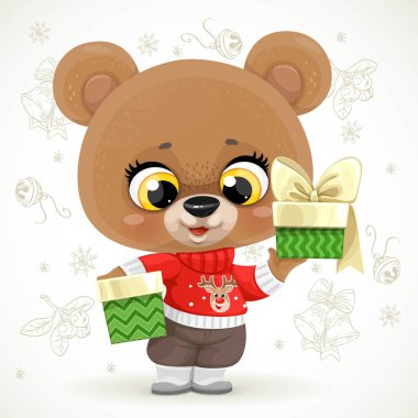 Kırmızı Noel süveteri içinde, beyaz bir arka planda Noel karalamaları olan sevimli çizgi film ayısı.