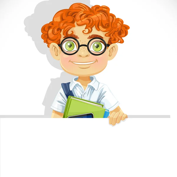 Cute redhead boy in glasses hold big banner — Stock Vector