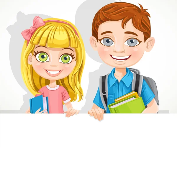 Cute school boy and girl with textbooks and backpack hold a big — Stock Vector