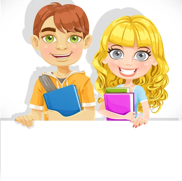 Cute teenage boy and girl with a textbook hold big white banner — Stock Vector