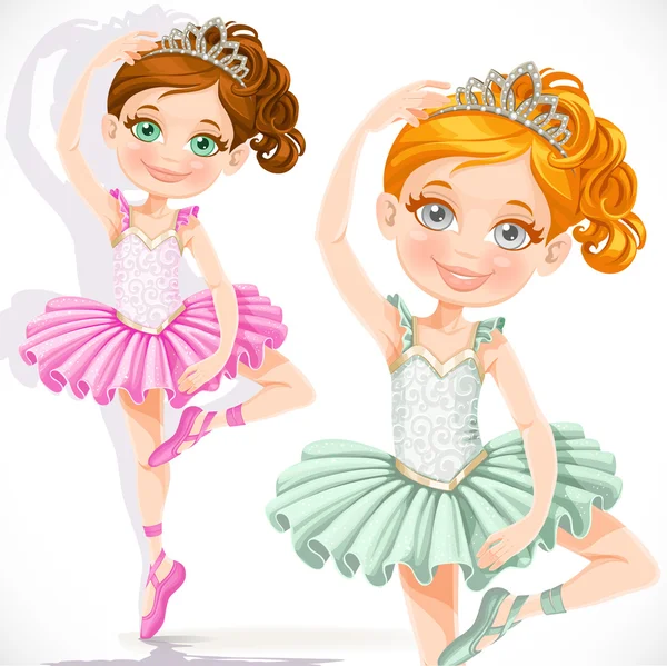 Schattig klein ballerina meisje in roze en groene tutu en tiara isol — Stockvector