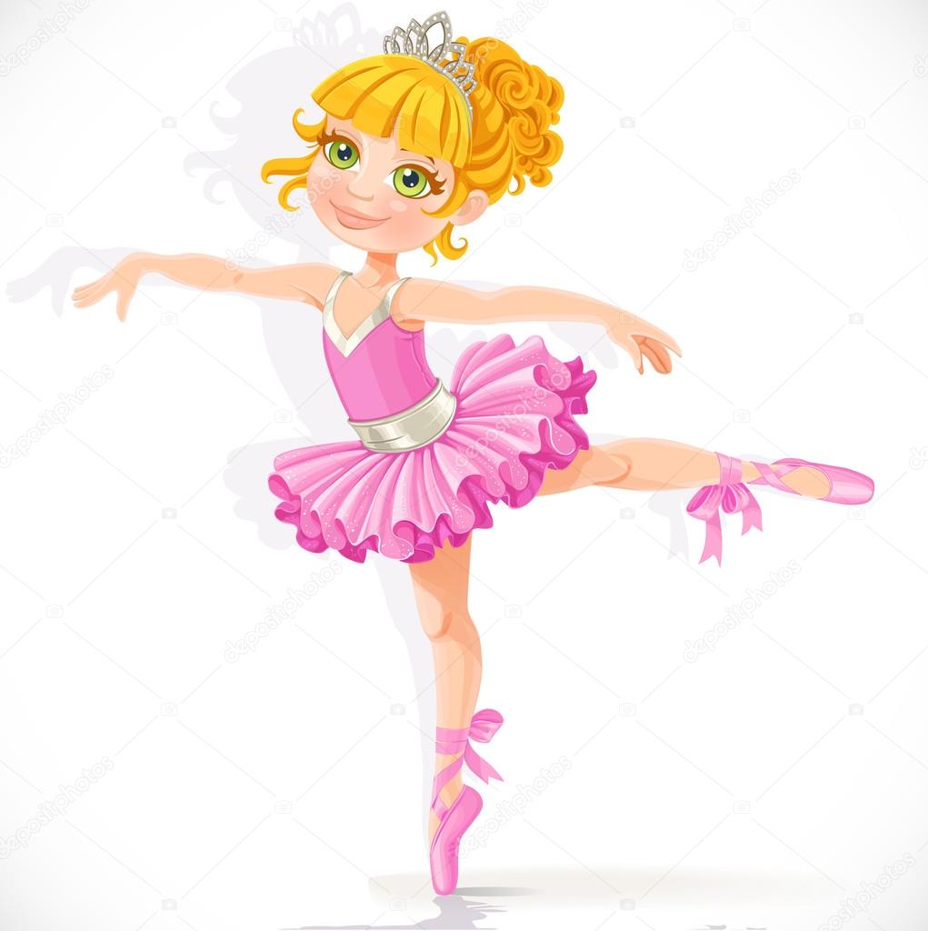 Beautiful little blond ballerina girl in pink dress isolated on 