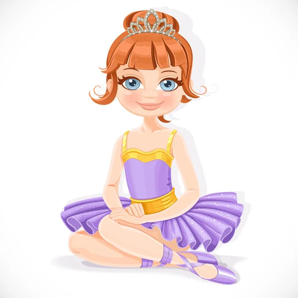 Beautiful ballerina girl in purple dress and tiara sit on floor — Stock Vector